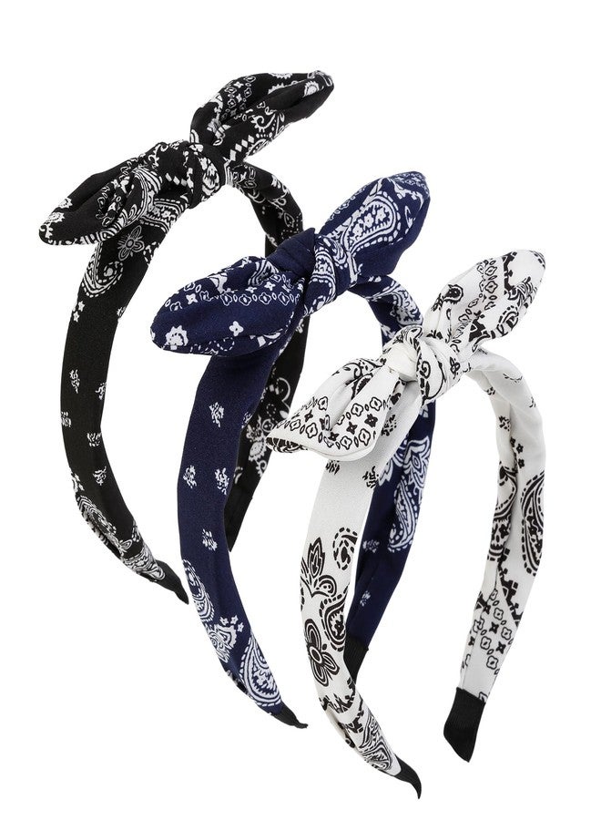AIBFRID 3 Packs Bow Headbands for Women Girls, Boho Paisley Knotted Hair Accessories, Non Slip Top Knot Turban Hairbands Headwraps, 3PCS (Black, White, Navy Blue) - Image 1